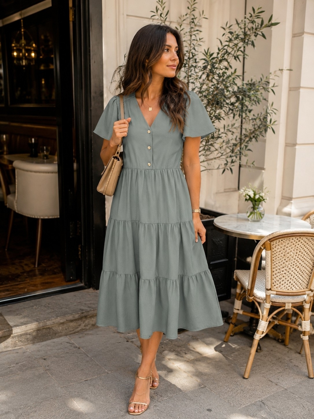 🌿 Monteau Los Angeles Tiered Midi Dress — Size S